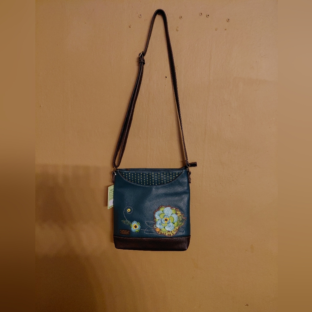 Chala Turquoise Blue Messenger Crossbody w/ Flowers  Purse